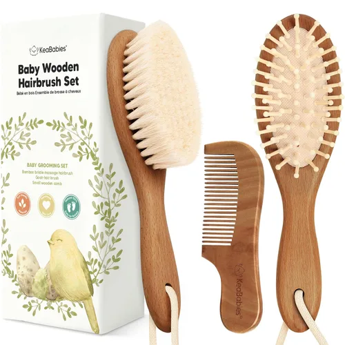 Vista 10 de Juego de cepillo y peine para cabello de bebé para recién nacidos - Juego de cepillos de madera para cabello de bebé con cerdas suaves de cabra
