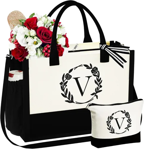 Vista 20 de YOOLIFE Bolsa de lona con inicial, bolsa de playa, bolsa de maquillaje con cremallera, regalos personalizados para madres, amigas, regalos