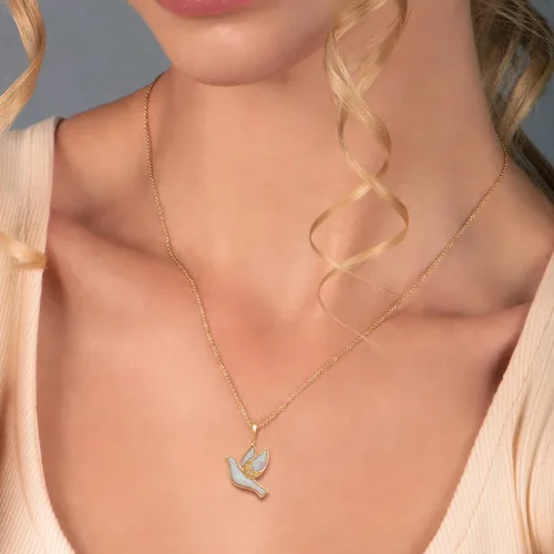 Vista 12 de Jewelili Collar con colgante de paloma de plata de ley o oro amarillo chapado en plata de ley para mujer, ópalo creado y diamantes redondos blancos
