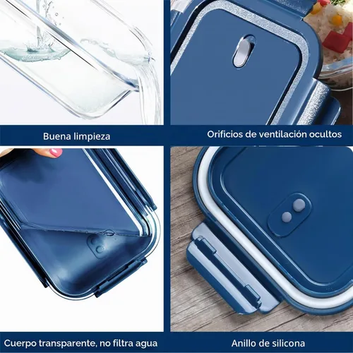 Vista 3 de 6 recipientes rectangulares de vidrio para almacenamiento de alimentos con tapas, recipientes de preparación de comidas para almacenamiento de Azul