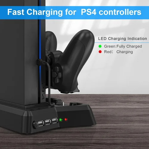 Vista 6 de KEKUCULL Estación de carga de controlador para PS4PS4 SlimPS4 Pro, soporte vertical PS4 con estación de carga de doble controlador, ventilador