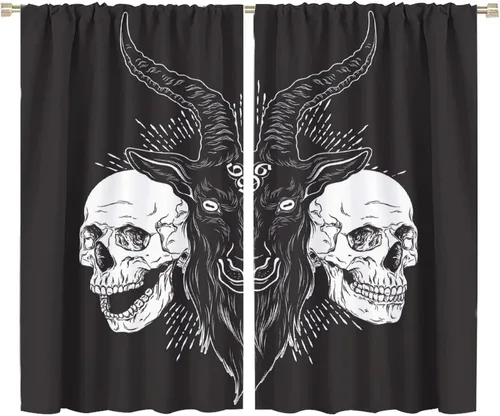 Vista 58 de BAEKJIN Cortinas de cabeza de cabra, diseño de calavera malvada, bruja, símbolo misterioso, bolsillo para barra, cortinas opacas para ventana, juego
