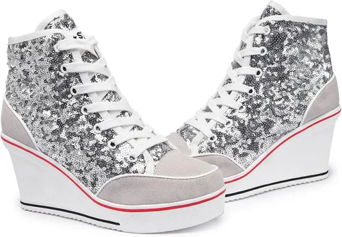 Vista 4 de Zapatos de lona de tacón alto para mujer, zapatos casuales de moda, tenis brillantes para caminar, plataforma, cuñas, zapatos de tacón