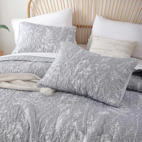 Vista 3 de JANZAA Juego de colcha tamaño Queen de 3 piezas con patrón floral, de microfibra ligera, ropa de cama reversible, 1 colcha y 2 fundas de almohada