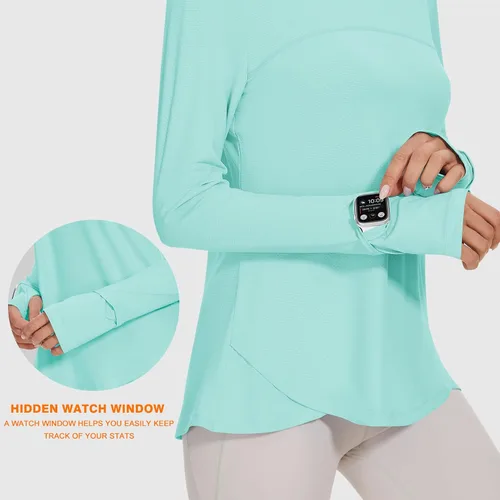Vista 3 de Blingfit Camisas de entrenamiento para mujer, camisetas atléticas de manga larga UPF 50+, camisetas de protección solar con agujero para el pulgar