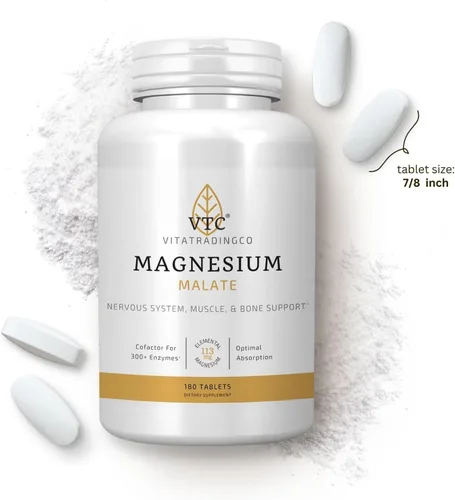 Vista 7 de VTC VitaTradingCo. Malato de magnesio 113 mg de magnesio elemental Cofactor para más de 300 enzimas Suave y altamente absorbente Soporte
