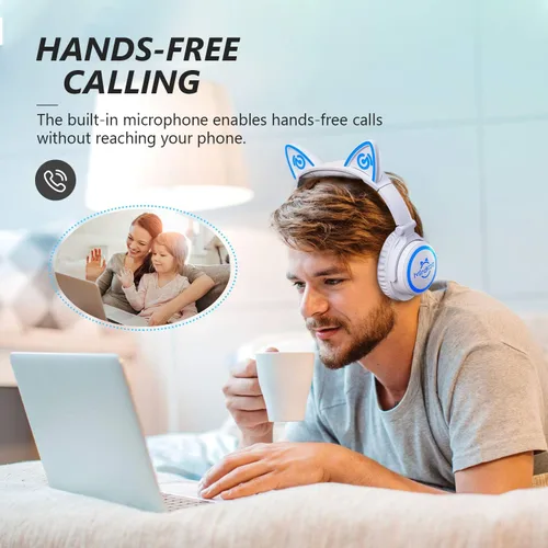 Vista 7 de Auriculares para niños, auriculares con orejas de gato con cable e inalámbricos, luces LED, auriculares Bluetooth inalámbricos plegables
