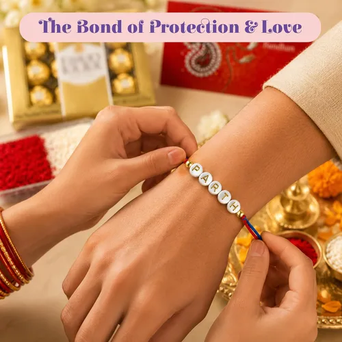 Vista 3 de LOVENSPIRE Nombre personalizado Rakhi para hermano Raksha Bandhan de diseñador hecho a mano hilo Rakhi para Bhaiya Nombre personalizado Rakhi