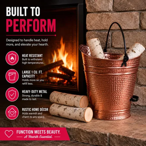 Vista 6 de Cubo grande de cobre para pellets de metal, carbón, chimenea, cenizas, con mango de hierro forjado, acabado antiguo, contenedor rústico duradero