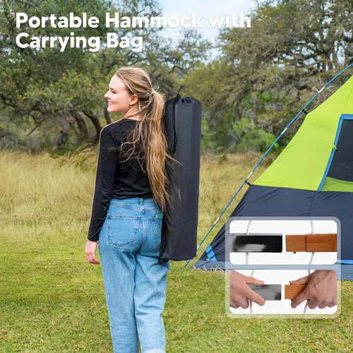 Vista 7 de SUNCREAT Hamacas para exteriores con barra separadora, hamaca portátil junto a la piscina para exteriores con bolsa de transporte, color café