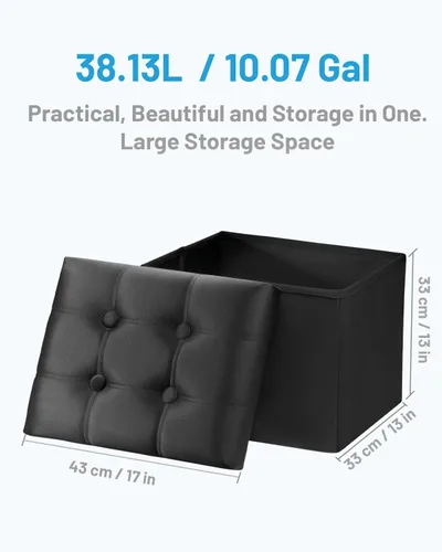 Vista 3 de AmasSmile Otomana de Almacenamiento con Reposapiés, Banco Reposapiés de Terciopelo de 17 pulgadas, Otomana Corta Negra, Pequeña Otomana Plegable