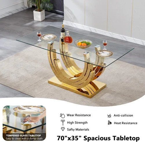 Vista 5 de Juego de mesa de comedor de cristal dorado de 5 piezas, 70 pulgadas, rectangular, moderna, para cocina y comedor, mesa de comedor para 4, mesa