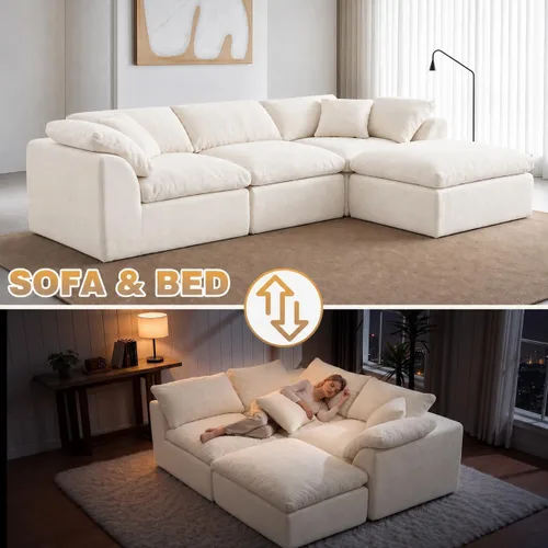 Vista 8 de Sofá seccional de nube sin hueso de 110 pulgadas para sala de estar, sofá modular en forma de L de gran tamaño con otomana, sofá seccional de Blanco