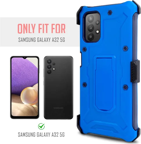 Vista 2 de Funda diseñada para Samsung Galaxy A02S, con soporte giratorio de vidrio templado con clip para cinturón, funda protectora de cuerpo completo Azul