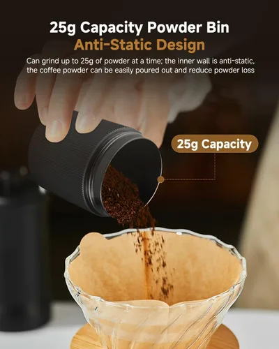 Vista 6 de Molinillo de café manual, molinillo de café de mano con 30 ajustes ajustables, fresas cónicas de espresso de acero inoxidable CNC 420, diseño