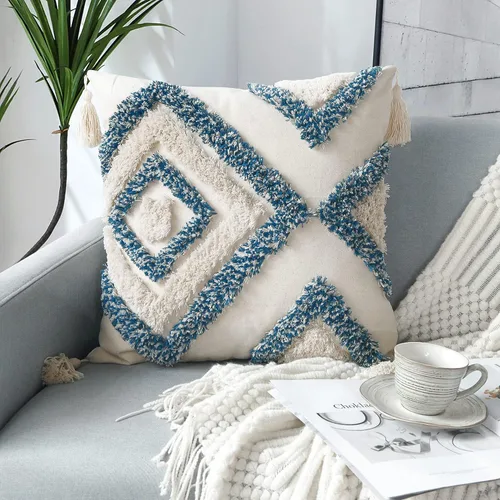 Vista 13 de JASEN Fundas de almohada bohemias, fundas de almohada decorativas tejidas con borlas y patrón de diamantes para sofá, dormitorio, sala de estar, sin