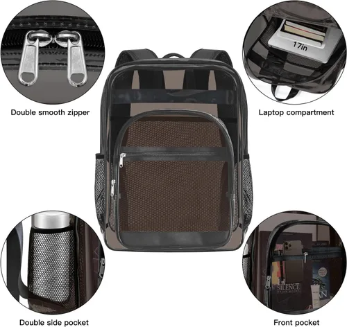 Vista 2 de Mochila transparente, mochila grande, mochila transparente de forma resistente, mochilas casuales, A-Negro, Transparente