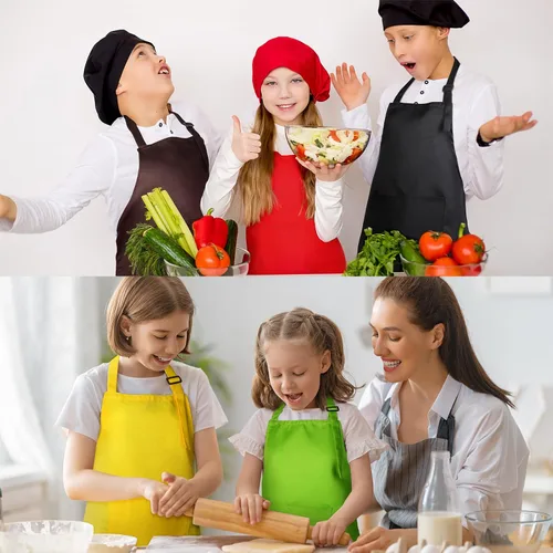 Vista 5 de Foaincore Juego de 26 delantales para niños y niñas, delantales con bolsillos, delantales de cocina para cocinar, hornear, pintar, talla XL