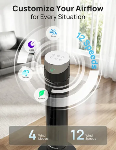 Vista 10 de ZAFRO Ventilador de torre inteligente para dormitorio, ventilador de torre oscilante de 120°, 28 pies/s de alta velocidad, 12 velocidades, 4 modos