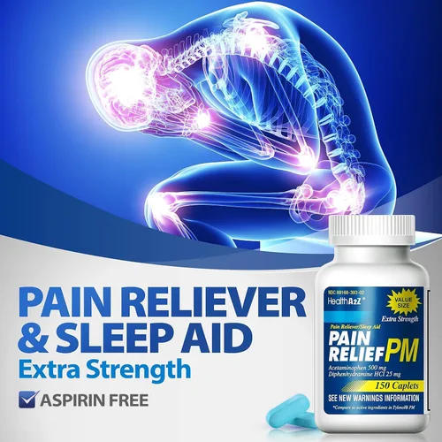 Vista 5 de HealthA2Z® Alivio del Dolor Extra Fuerte PM Acetaminofén 500mg Difenhidramina 25mg Analgésico y Ayuda para Dormir Nocturna (150 Tabletas)