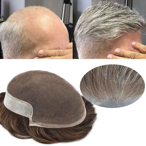 Vista 24 de Toupee para hombres sistemas de reemplazo de piel sintética con encaje suizo para hombre, nudos blanqueados, línea capilar natural para hombres