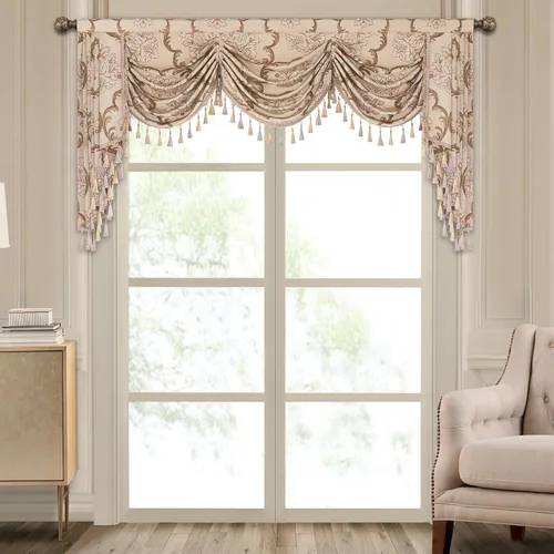 Vista 32 de Loom and Mill Cenefa de cascada de lujo de jacquard para sala de estar, elegantes cenefas de ventana con festones y cuentas damascadas, cortinas
