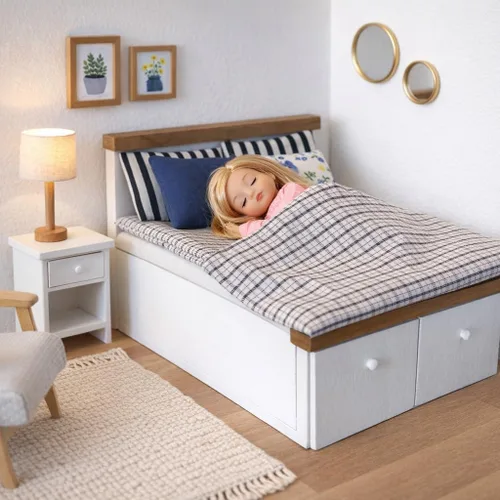 Vista 2 de Juego de ropa de cama tamaño Queen, mini accesorios de dormitorio para muñecas de 6 pulgadas, ropa de cama gris, marco de madera blanco, escala 1/12
