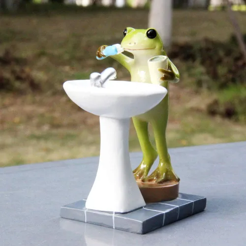 Vista 3 de Tfro & Cile Estatua de jardín de rana, decoración en miniatura, estatua de animales para exteriores, escultura de dientes para cepillado de hadas