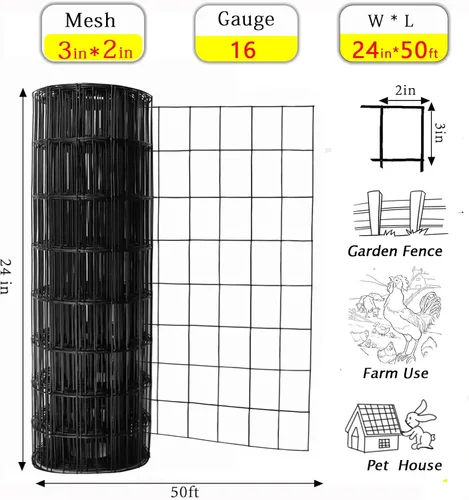 Vista 2 de Valla de alambre soldada con revestimiento de PVC de protección vegetal de 24 pulgadas x 50 pies, negro, 2 x 3 pulgadas, paño de hardware recubierto