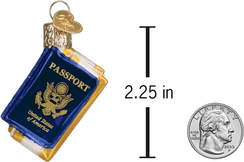 Vista 5 de Old World Christmas Mini adorno de vidrio soplado para pasaporte para árbol de Navidad, decoración navideña hecha a mano, colección de viajes