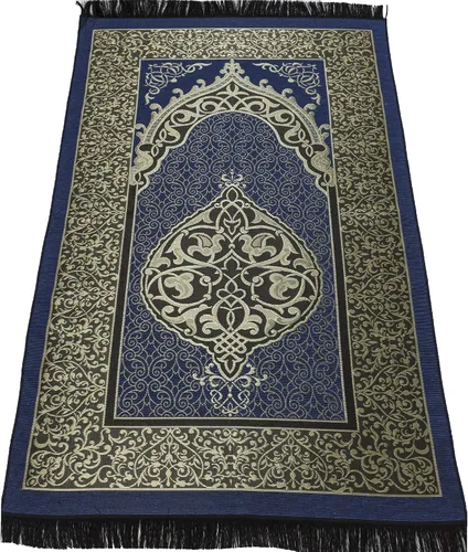 Vista 4 de Modefa Alfombra de oración de chenilla tejida musulmana, otomana negra + azul Felpa fina y tafetán turco intrincada metalizado otomano otomano
