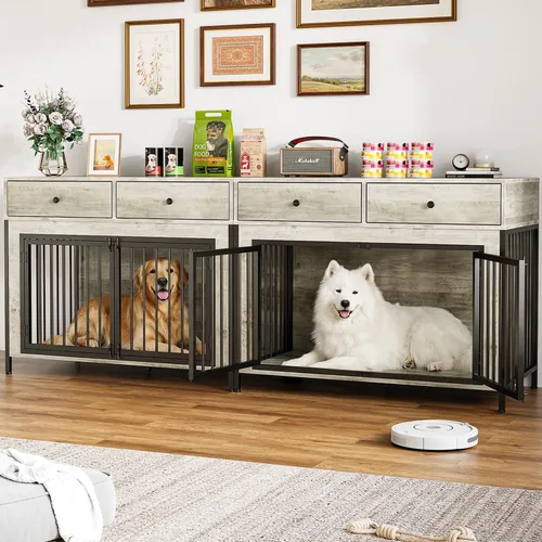 Vista 9 de LEMBERI Mueble de jaula para perros grande de 44 pulgadas, mesa auxiliar de madera para perros con cajones de almacenamiento, jaula decorativa