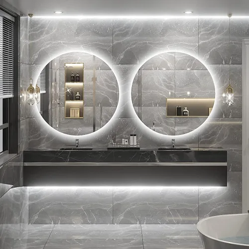 Vista 2 de Espejo de baño LED redondo de 30 pulgadas, retroiluminación de luz diurna de 6000 K, antivaho y regulable, espejo impermeable sin marco con control