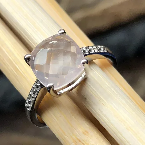 Vista 2 de Natural 1.5ct Pink Rose Quartz, White Topaz 925 Sterling Silver Engagement Ring Size 5, 6, 7, 8, 9