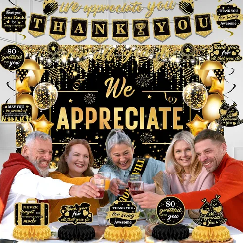 Vista 6 de Decoraciones de Fiesta We Appreciate You Negro Dorado Pancarta Thank You for All You Do Centros de Mesa de Panal Espirales Colgantes para Oficina