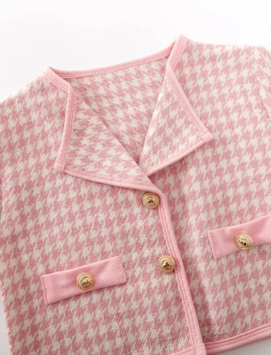 Vista 3 de WDIRARA Conjunto de 2 piezas de chaqueta y falda de pata de gallo con botones frontales y manga larga, cuello redondo