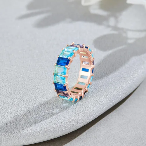 Vista 3 de AFFY Anillo Eternity Rainbow, chapado en oro rosa de 18 quilates, piedra preciosa creada, anillo arcoíris, anillo apilable, anillo de boda