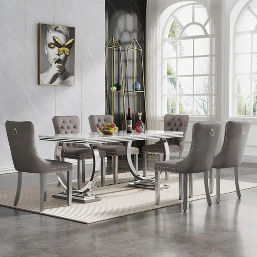 Vista 41 de Juego de 5 mesas de comedor, juego de mesa de cocina y comedor para 4, mesa de comedor rectangular de mármol sintético negro de 70 pulgadas con base