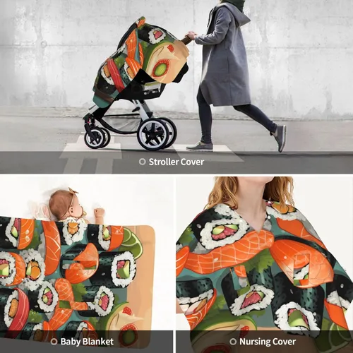 Vista 9 de Baby Car Seat Canopy Cover for Mom, Soft Breathable Nursing Breastfeeding Covers Multi Use Stroller Sun Shade Newborn Shower Gift，Sushi