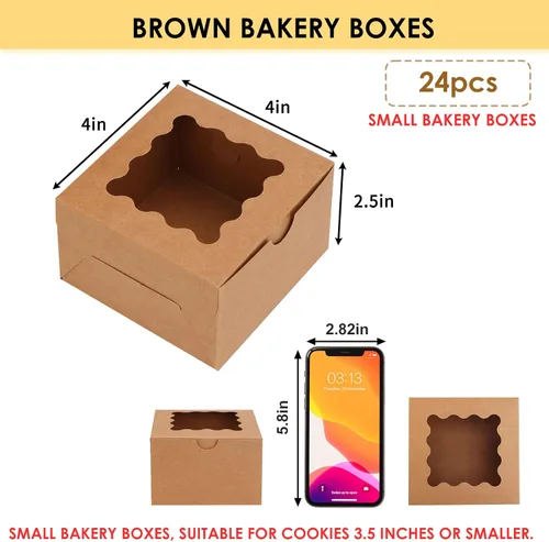 Vista 2 de Moretoes 24 cajas de panadería con ventana, 4 x 4 x 2.5 pulgadas, cajas de galletas marrones para pasteles pequeños, galletas y postres