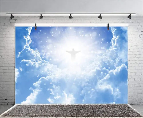 Vista 4 de Leyiyi Fondo de fotografía de Jesucristo en el cielo, 5 x 3 pies, paraíso Dios, lugar, cielo, nube, bokeh, halos, punto, pancarta sagrada, telón
