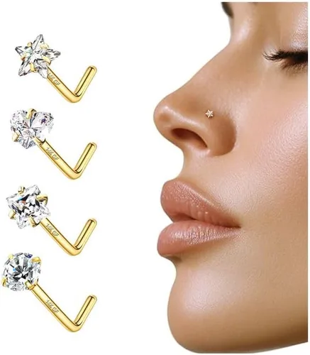 Vista 8 de 4 piezas de anillos de nariz de 20G bañados en oro de 14K para mujeres y hombres, anillos de nariz en forma de L, joyería hipoalergénica
