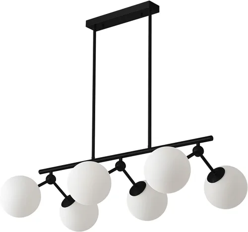 Vista 8 de Candelabro lineal moderno de 6 luces con globo de cristal de leche Sputnik, lámpara colgante plateada para cocina, isla de comedor, sobre mesa