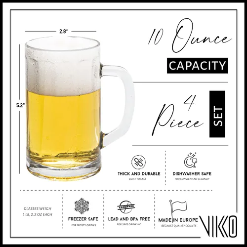 Vista 4 de Vikko Taza de cerveza, juego de 4 tazas de cerveza de vidrio, 10 onzas, vaso duradero apto para lavavajillas, para cervezas artesanales, cerveza