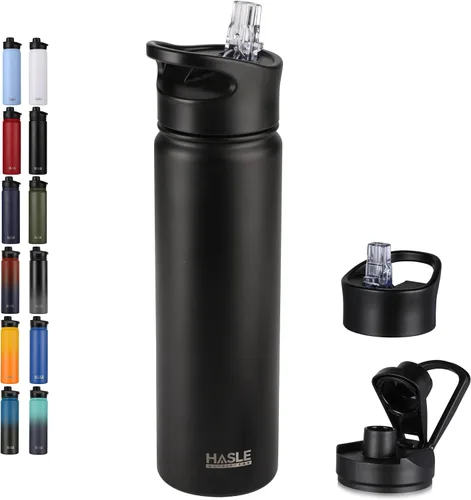 Vista 22 de HASLE OUTFITTERS Botella de agua aislada de 22 onzas, botella de agua de acero inoxidable de doble pared de boca ancha con tapa de popote y tapa