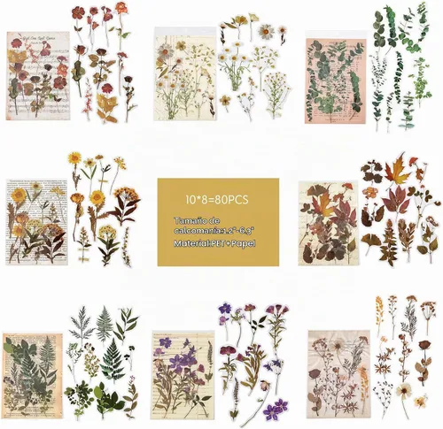 Vista 2 de Maxleaf Calcomanías de la Serie Botánica, 80 Calcomanías Grandes de Flores Secas Impermeables Transparentes, Calcomanías Florales de Plantas