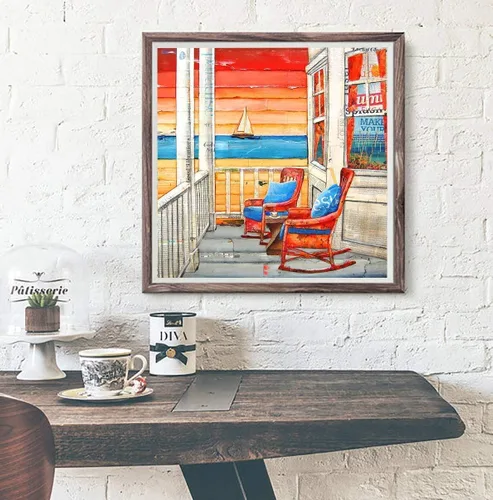 Vista 2 de Paradise Found- Danny Phillips Art Print, Unframed, Front Porch Artwork, Sailboat Rocking Chairs Couple Art, Coastal Nautical Beach Mixed Media