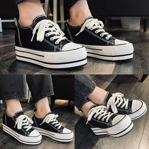 Vista 7 de Womens Platform Shoes Hidden Wedge 3 Inches Height Increase, Canvas Sneakers High Heel White Black Fashion Sneakers for Women and Girls