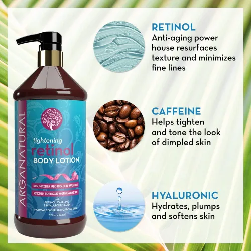 Vista 2 de Arganatural Loción corporal de retinol con vitamina E y colágeno: reafirmante de la piel, reafirmante de la piel y crema antienvejecimiento. Loción