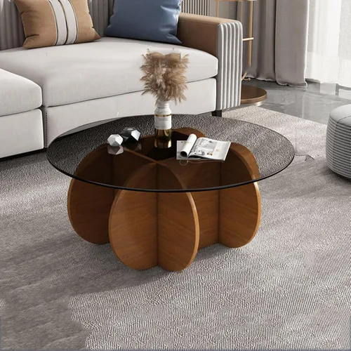 Vista 13 de HM&DX Mesa auxiliar redonda de cristal, base de madera maciza y parte superior de vidrio templado transparente, mesa auxiliar de café, mesa central